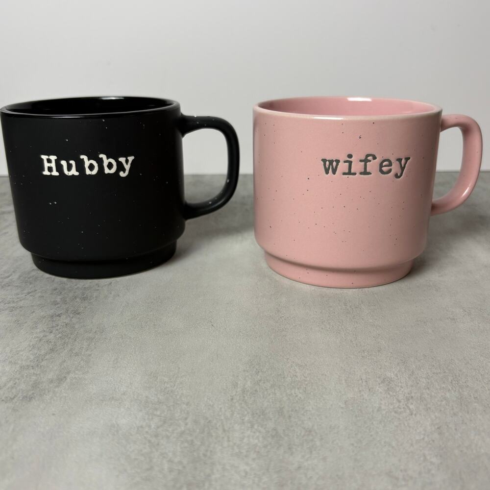 Sheffield Home Ceramic Coffee Mugs Speckled black "Hubby" and pink "Wifey" 16oz